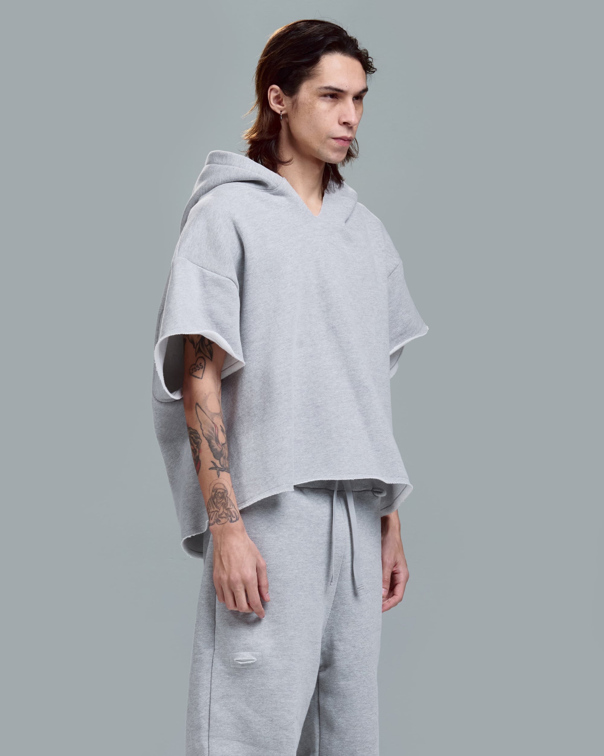 HIGH RISK CUT OFF HOODIE - HEATHER GREY